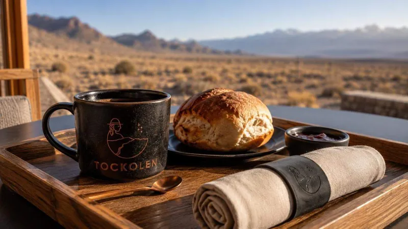 Breakfast tray with bread and coffee facing the desert