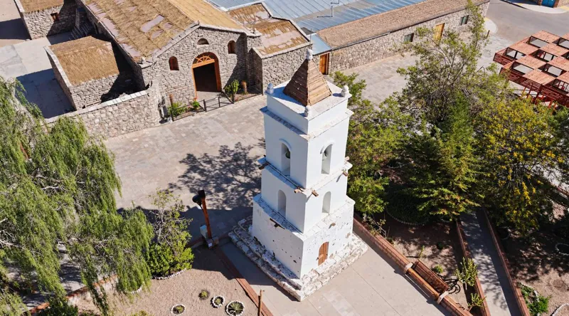 The stone bell tower of Toconao seen from above