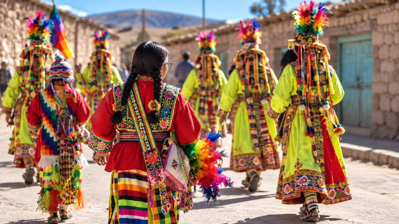 Dancers in colourful traditional costumes during a festivity in Toconao