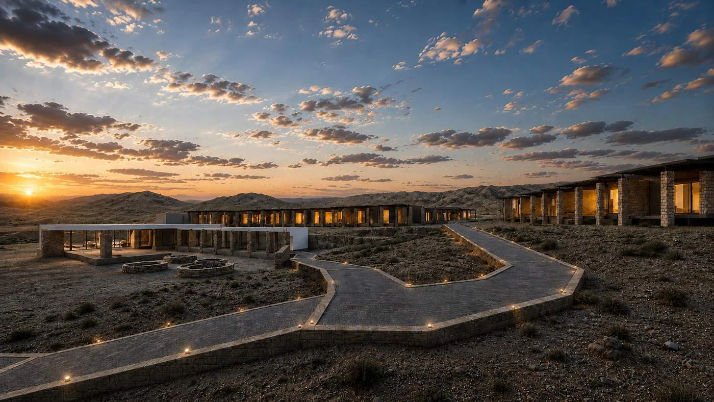 Tockolen at sunset, with its lit paths and the desert behind
