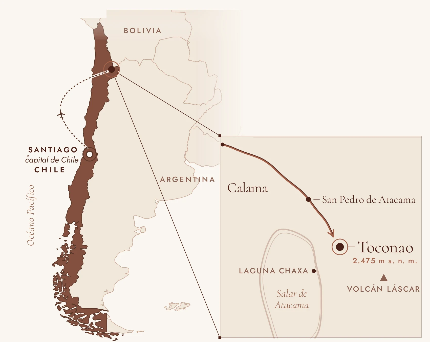 Map of Chile with the route from Santiago to Calama, San Pedro de Atacama and Toconao